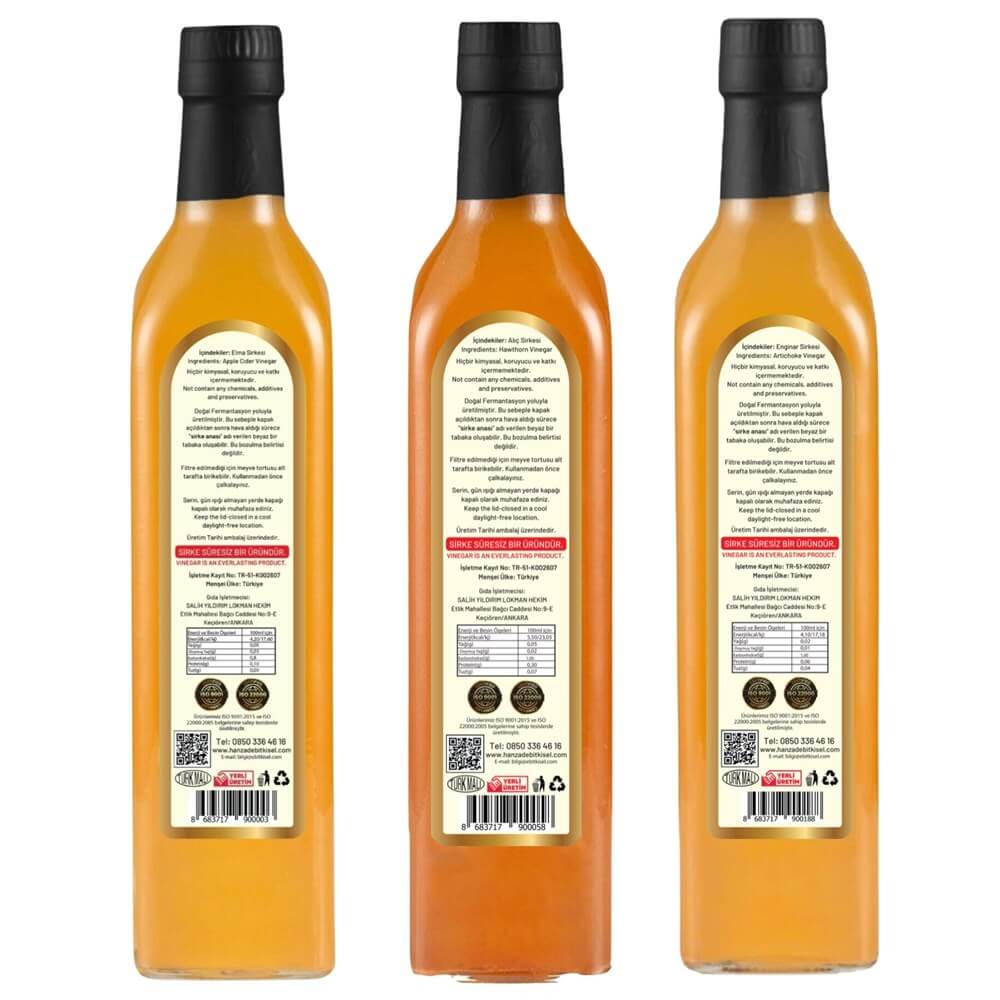 Hanzade Bitkisel Elma + Alıç + Enginar Sirkesi 500 Ml 3'lü Set Doğal Fermantasyon Içilebilir Katkısız Cam Şişe