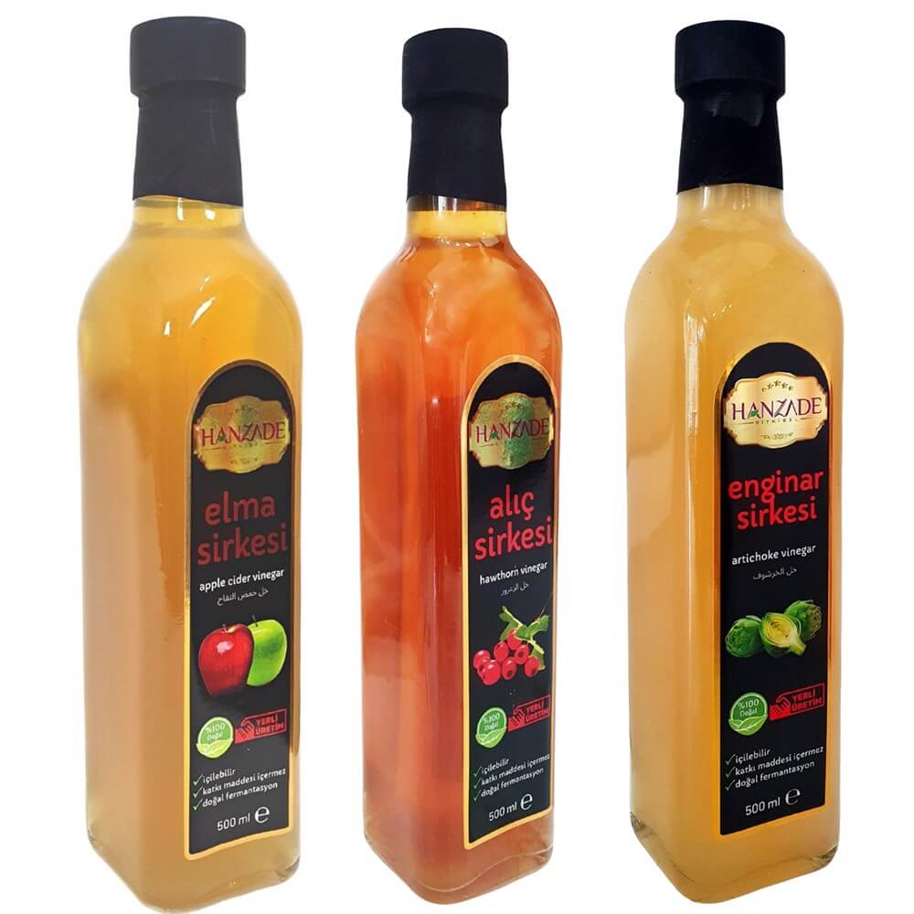Hanzade Bitkisel Elma + Alıç + Enginar Sirkesi 500 Ml 3'lü Set Doğal Fermantasyon Içilebilir Katkısız Cam Şişe