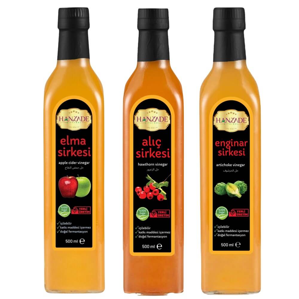 Hanzade Bitkisel Elma + Alıç + Enginar Sirkesi 500 Ml 3'lü Set Doğal Fermantasyon Içilebilir Katkısız Cam Şişe