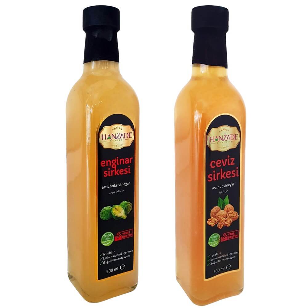 Hanzade Bitkisel Enginar + Ceviz Sirkesi 500 Ml 2'li Set Doğal Fermantasyon Içilebilir Katkısız Cam Şişe