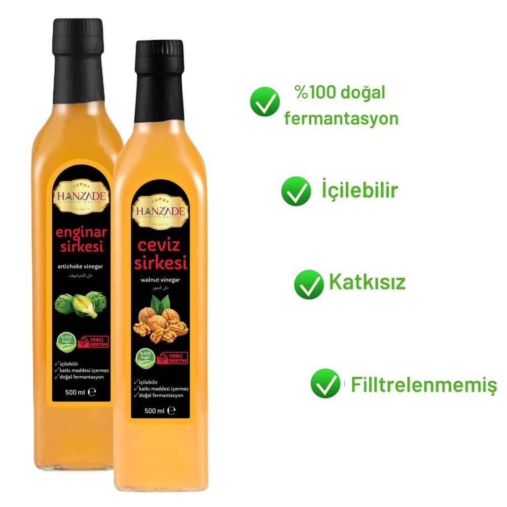 Hanzade Bitkisel Enginar + Ceviz Sirkesi 500 Ml 2'li Set Doğal Fermantasyon Içilebilir Katkısız Cam Şişe