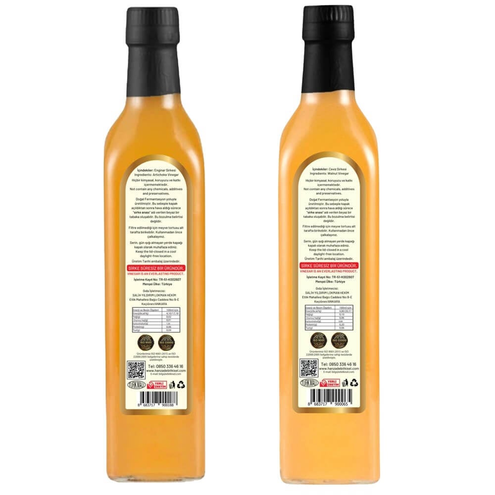 Hanzade Bitkisel Enginar + Ceviz Sirkesi 500 Ml 2'li Set Doğal Fermantasyon Içilebilir Katkısız Cam Şişe