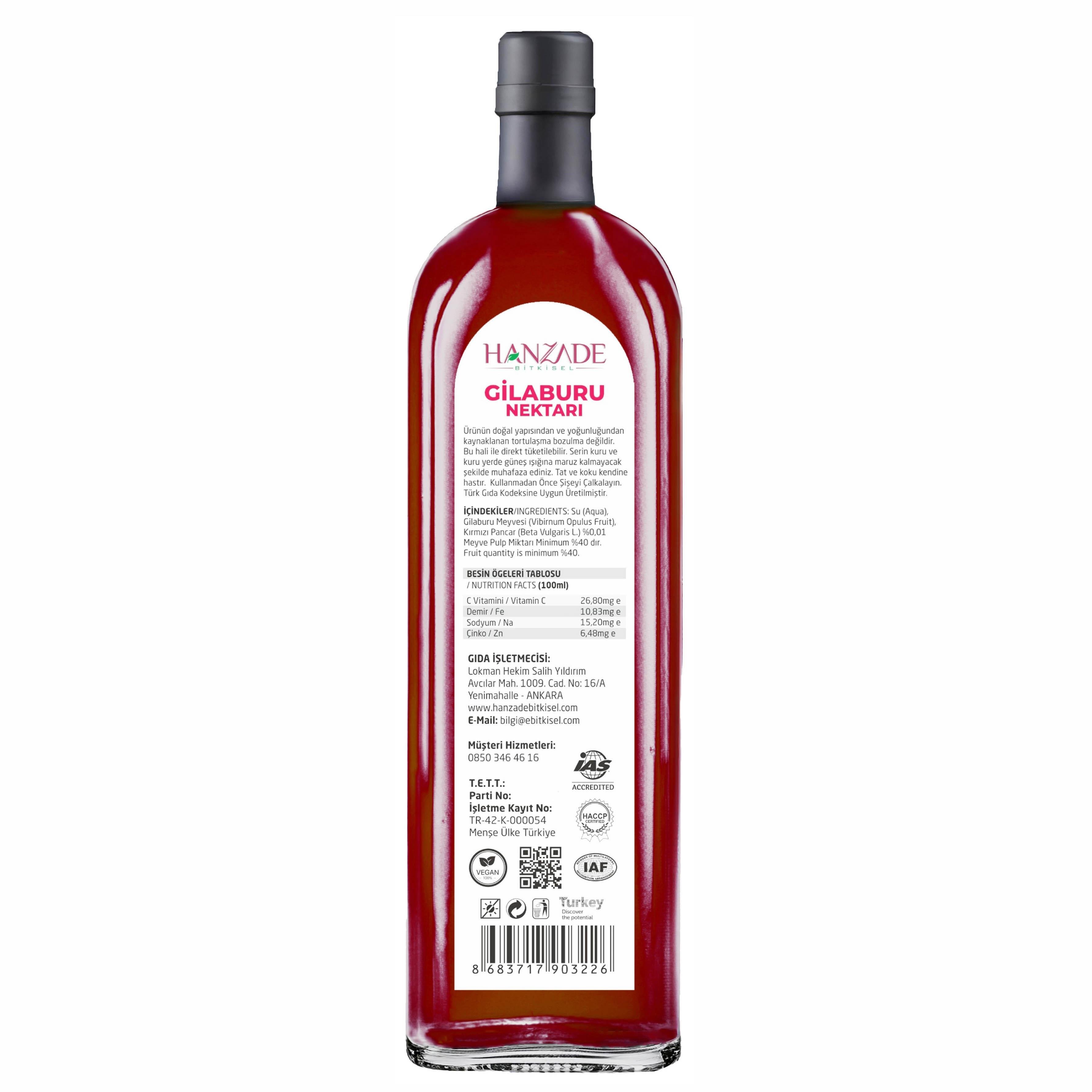 Hanzade Bitkisel Gilaburu Suyu Nektarı 1 Litre Şeker İlavesiz Cam Şişe