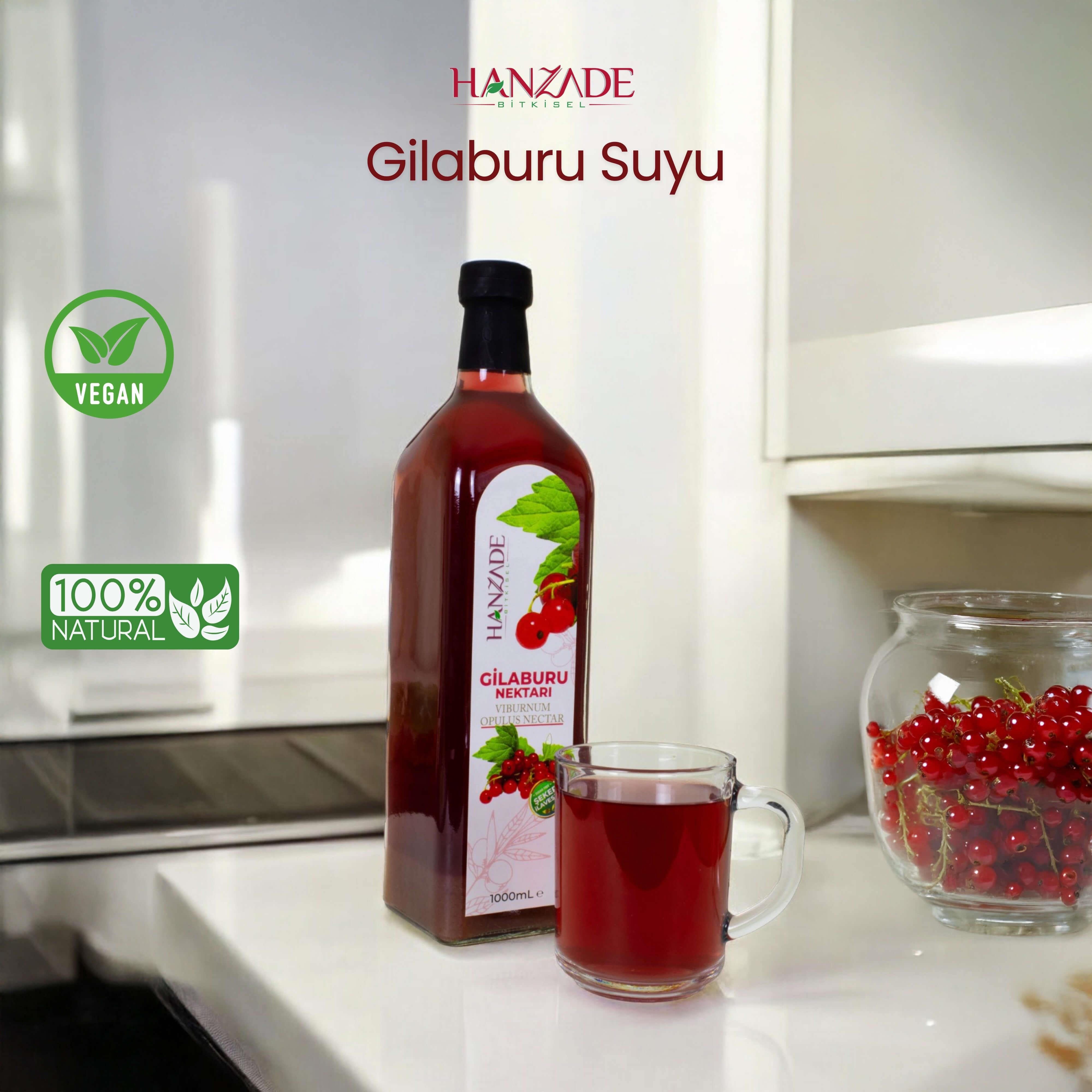 Hanzade Bitkisel Gilaburu Suyu Nektarı 1 Litre Şeker İlavesiz Cam Şişe
