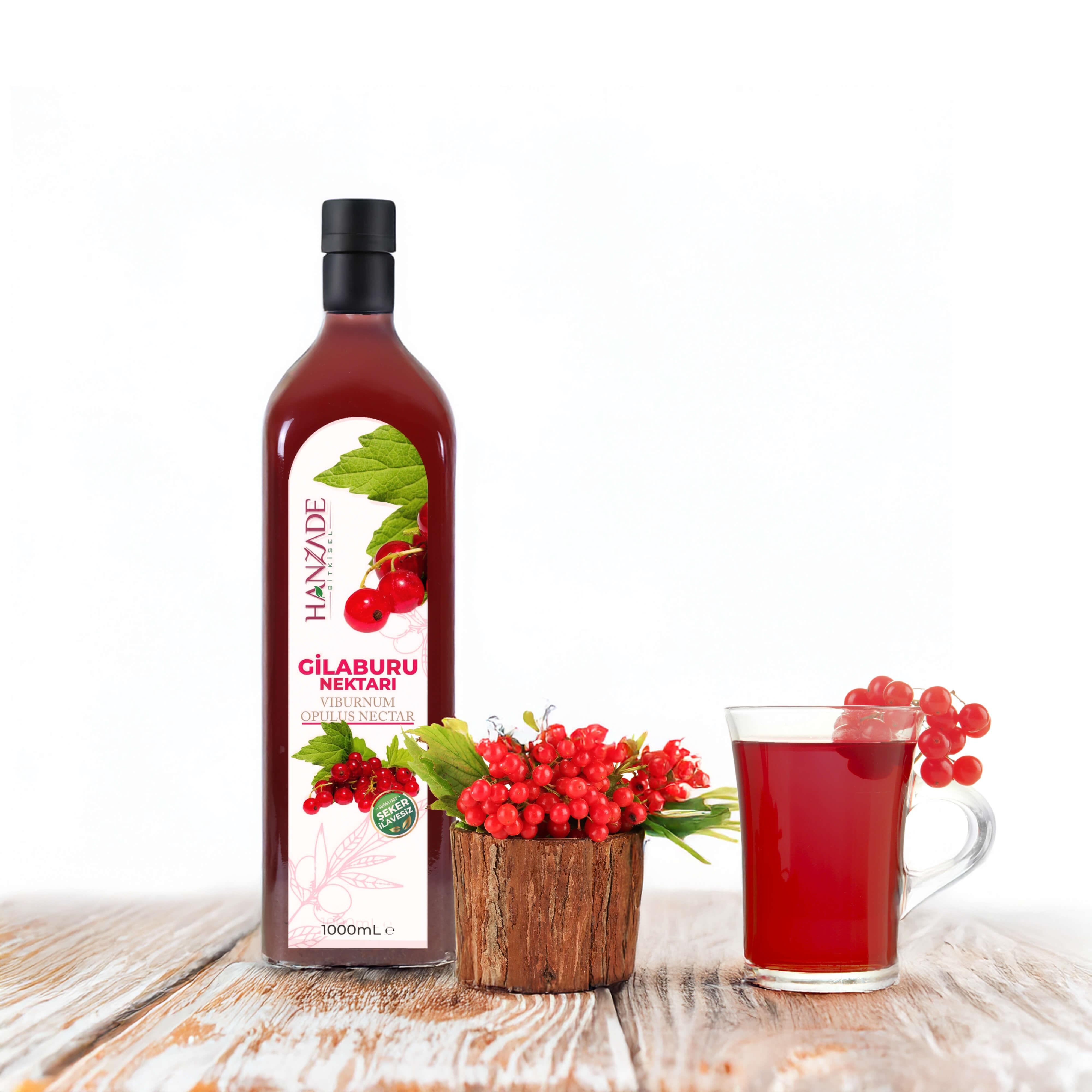 Hanzade Bitkisel Gilaburu Suyu Nektarı 1 Litre Şeker İlavesiz Cam Şişe