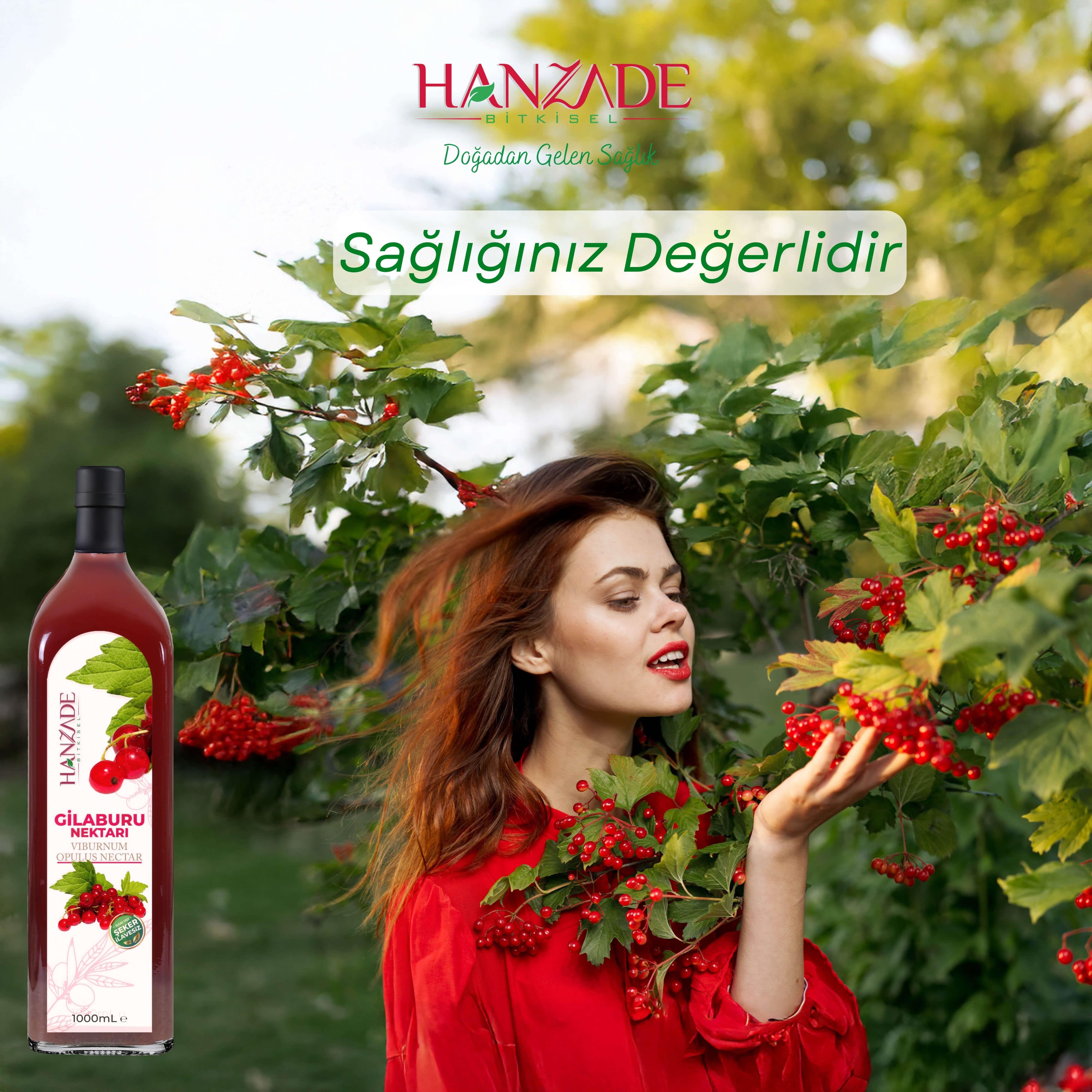 Hanzade Bitkisel Gilaburu Suyu Nektarı 1 Litre Şeker İlavesiz Cam Şişe
