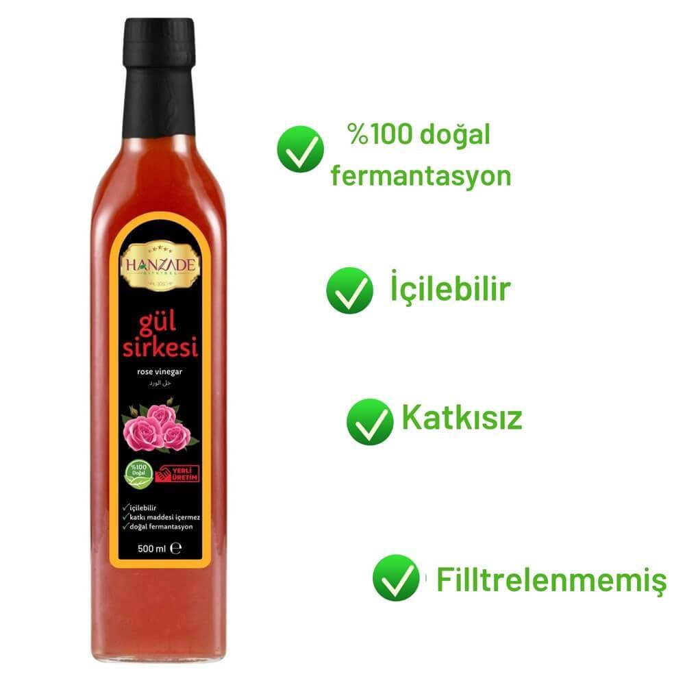 Hanzade Bitkisel Gül Sirkesi 500 Ml Doğal Fermantasyon Içilebilir Katkısız Cam Şişe
