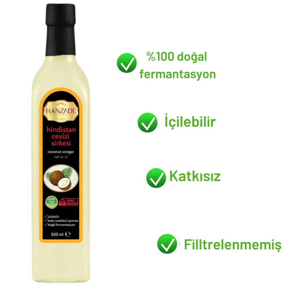 Hanzade Bitkisel Hindistan Cevizi Sirkesi 500 Ml Doğal Fermantasyon Içilebilir Katkısız Cam Şişe