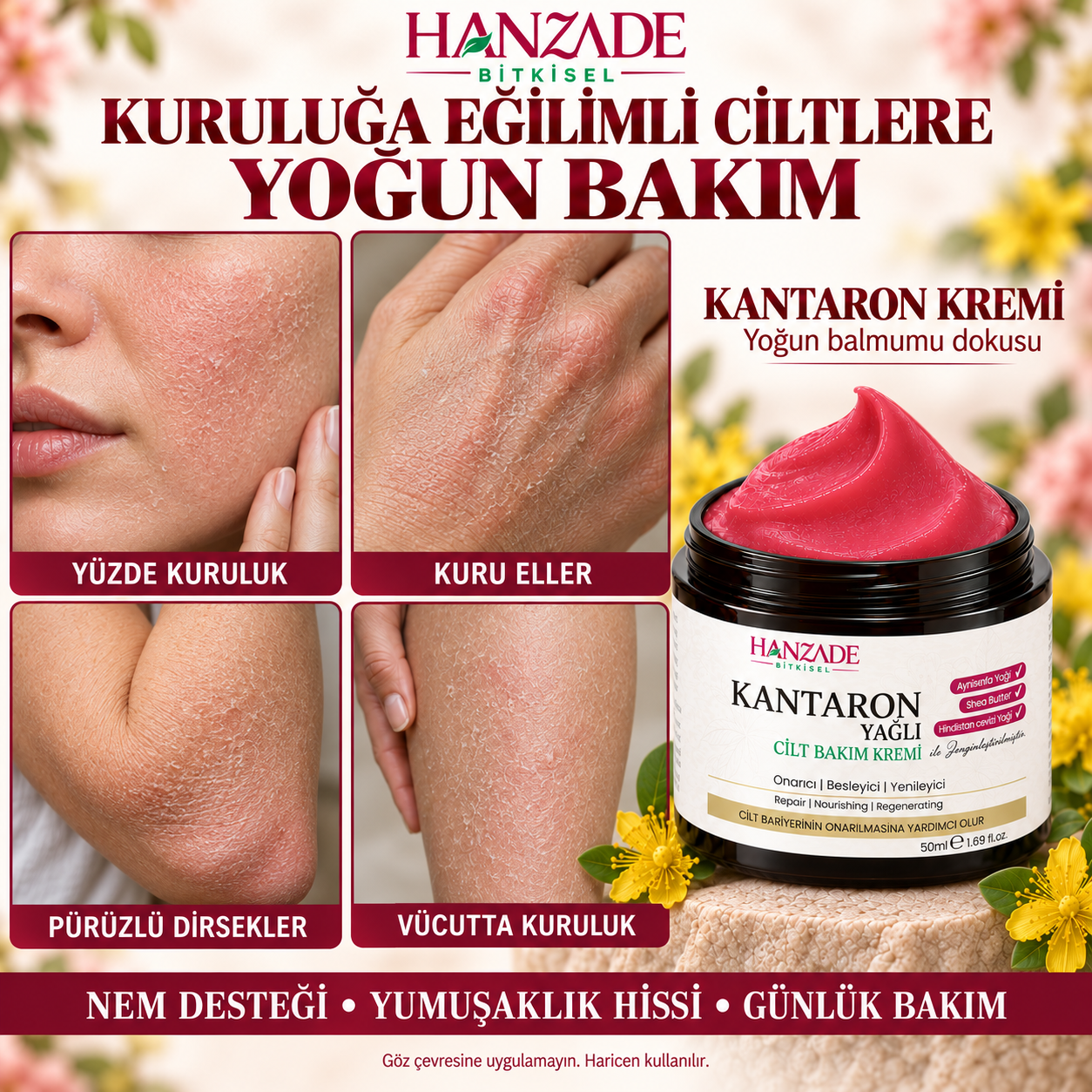 Hanzade Bitkisel Kantaron Yağlı Krem 50 ml – Nemlendirici Yüz, El ve Vücut Bakım Kremi, E Vitaminli
