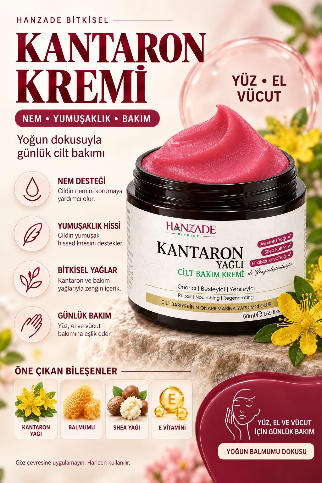 Hanzade Bitkisel Kantaron Yağlı Krem 50 ml – Nemlendirici Yüz, El ve Vücut Bakım Kremi, E Vitaminli
