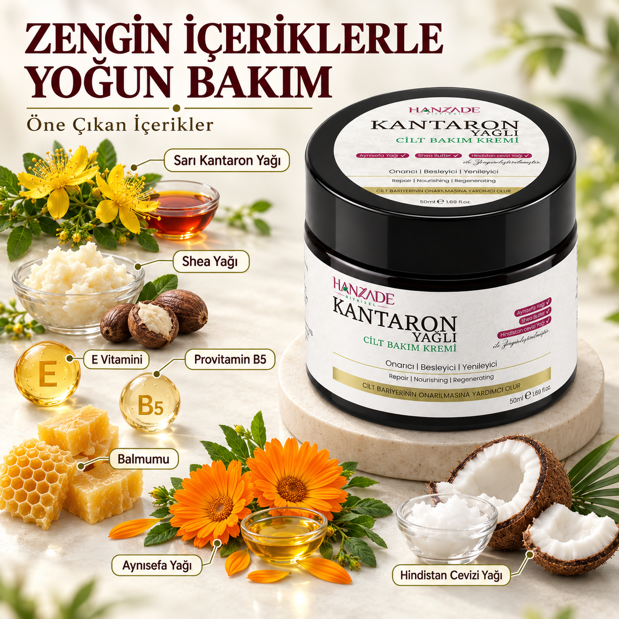 Hanzade Bitkisel Kantaron Yağlı Krem 50 ml – Nemlendirici Yüz, El ve Vücut Bakım Kremi, E Vitaminli