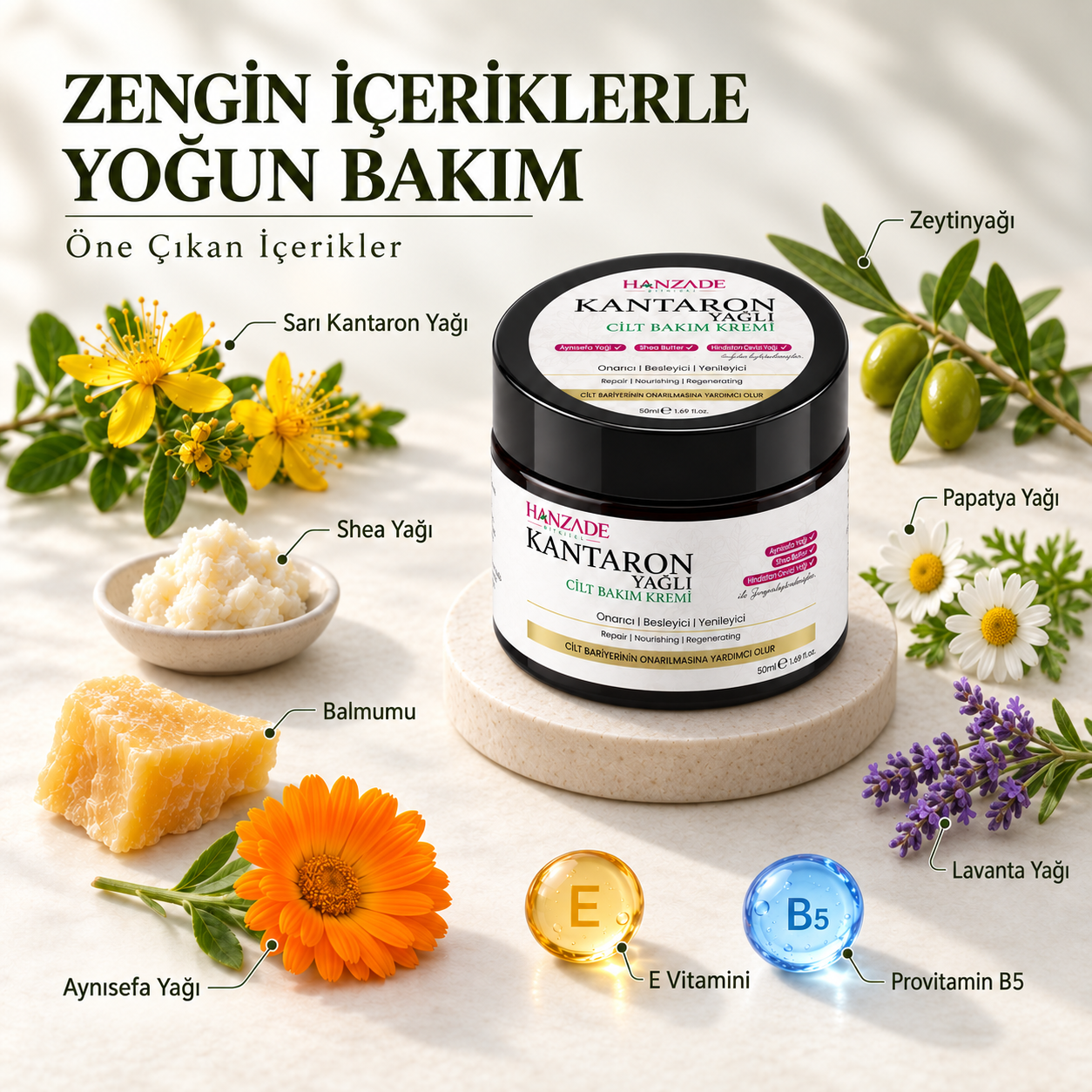 Hanzade Bitkisel Kantaron Yağlı Krem 50 ml – Nemlendirici Yüz, El ve Vücut Bakım Kremi, E Vitaminli