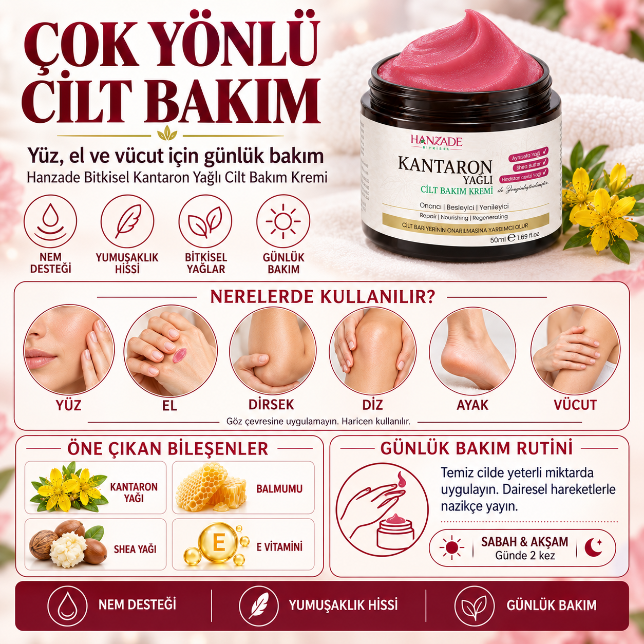 Hanzade Bitkisel Kantaron Yağlı Krem 50 ml – Nemlendirici Yüz, El ve Vücut Bakım Kremi, E Vitaminli