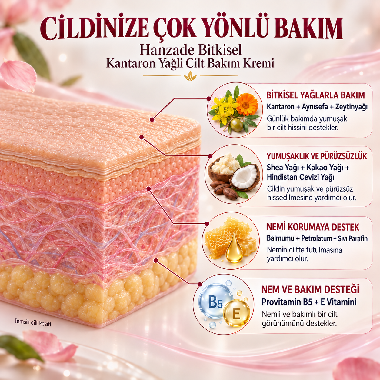 Hanzade Bitkisel Kantaron Yağlı Krem 50 ml – Nemlendirici Yüz, El ve Vücut Bakım Kremi, E Vitaminli