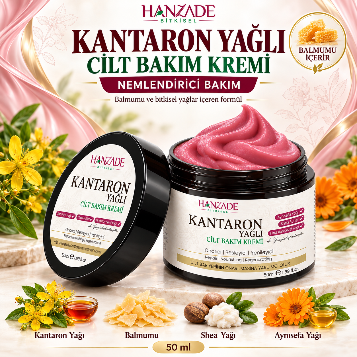 Hanzade Bitkisel Kantaron Yağlı Krem 50 ml – Nemlendirici Yüz, El ve Vücut Bakım Kremi, E Vitaminli