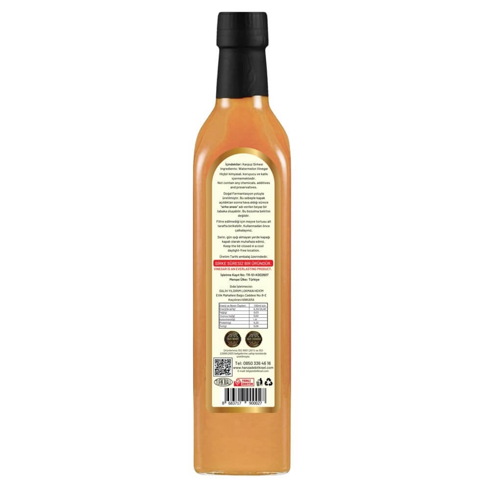Hanzade Bitkisel Karpuz Sirkesi 500 Ml Doğal Fermantasyon Içilebilir Katkısız Cam Şişe