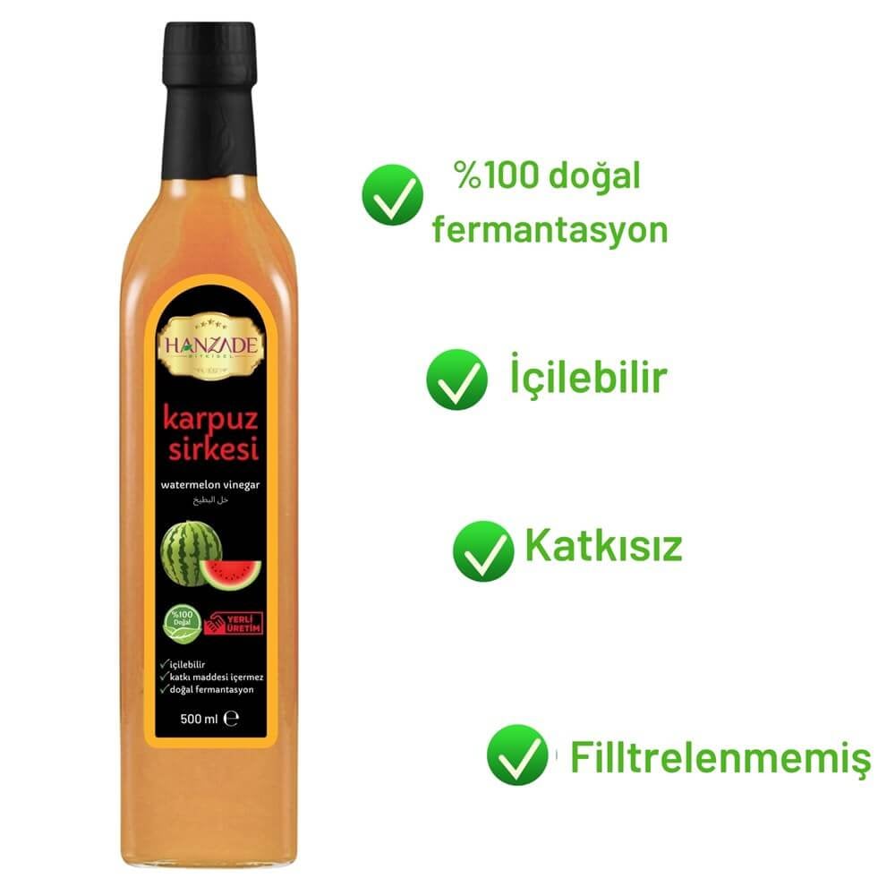 Hanzade Bitkisel Karpuz Sirkesi 500 Ml Doğal Fermantasyon Içilebilir Katkısız Cam Şişe