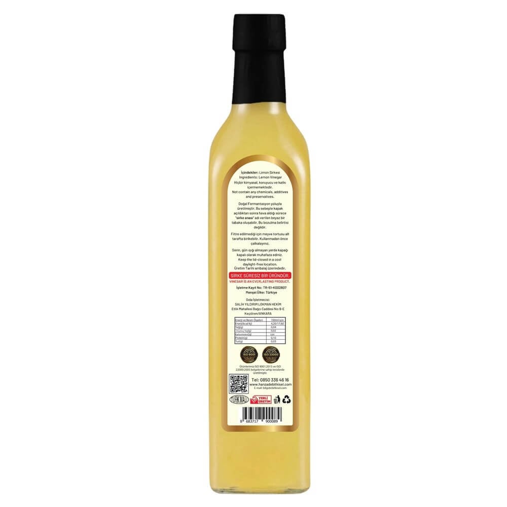 Hanzade Bitkisel Limon Sirkesi 500 Ml Doğal Fermantasyon Içilebilir Katkısız Cam Şişe