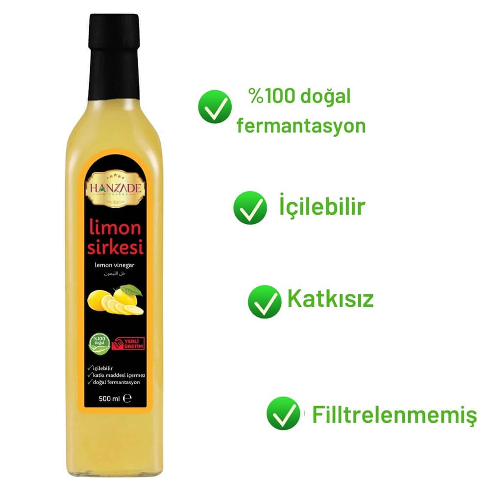 Hanzade Bitkisel Limon Sirkesi 500 Ml Doğal Fermantasyon Içilebilir Katkısız Cam Şişe