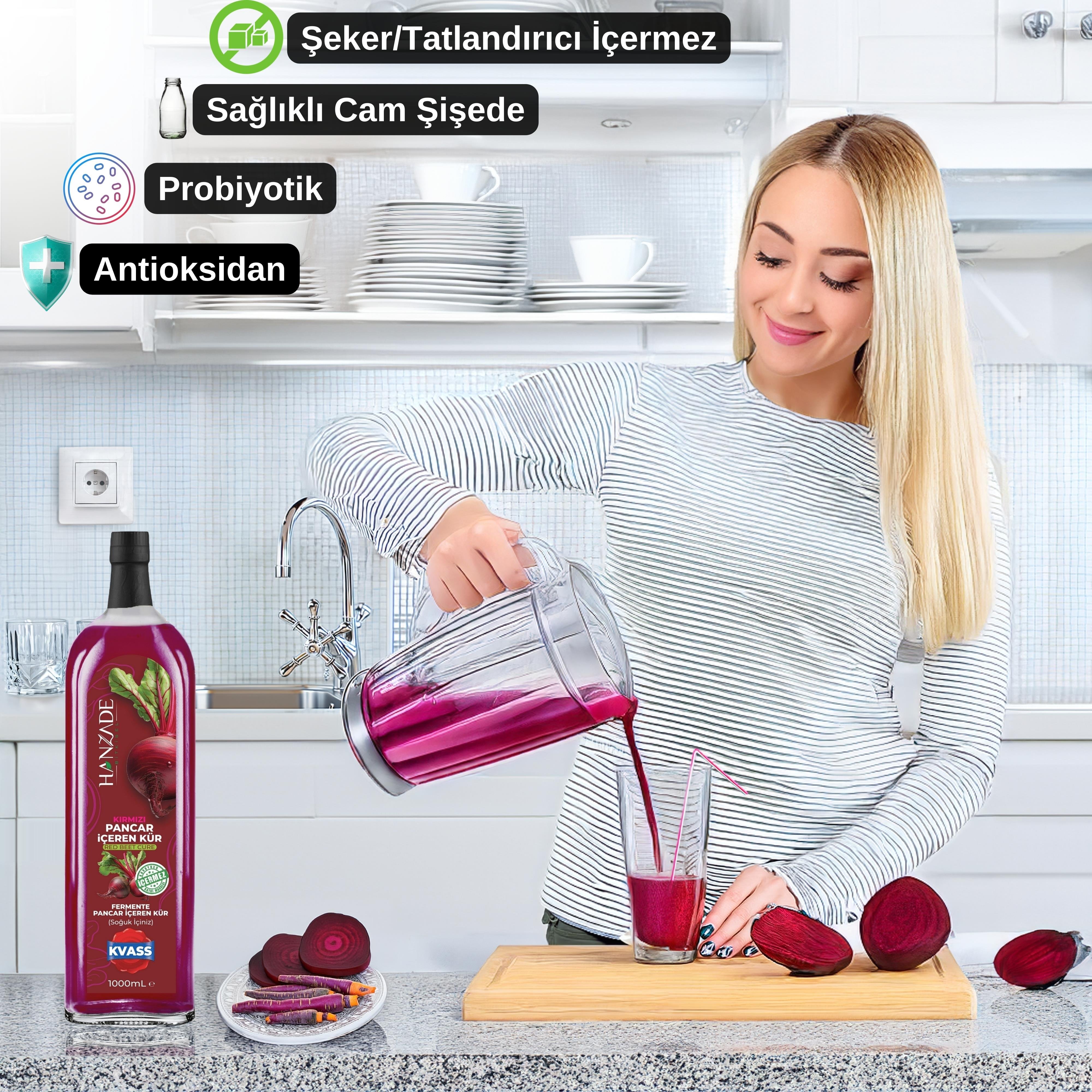 Hanzade Bitkisel Pancar Kvass Fermente Kırmızı Pancar İçeren Kür 1 Litre Cam Şişe