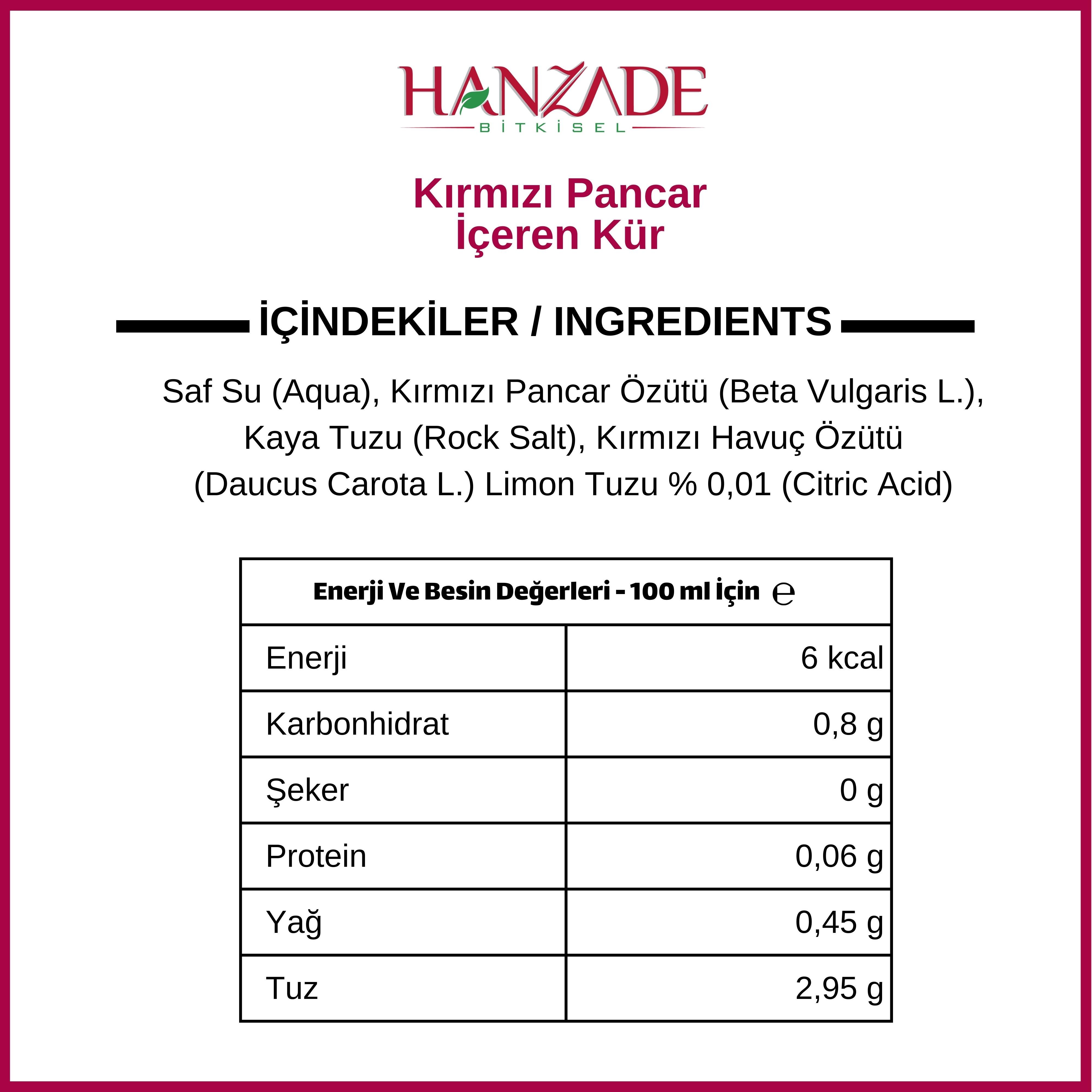 Hanzade Bitkisel Pancar Kvass Fermente Kırmızı Pancar İçeren Kür 1 Litre Cam Şişe