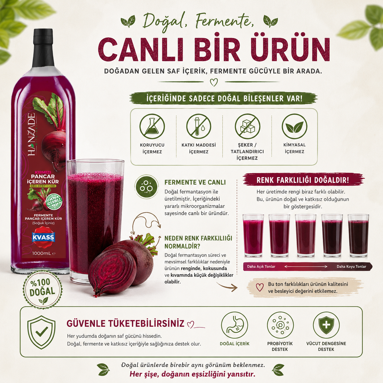 Hanzade Bitkisel Pancar Kvass Fermente Kırmızı Pancar İçeren Kür 1 Litre Cam Şişe