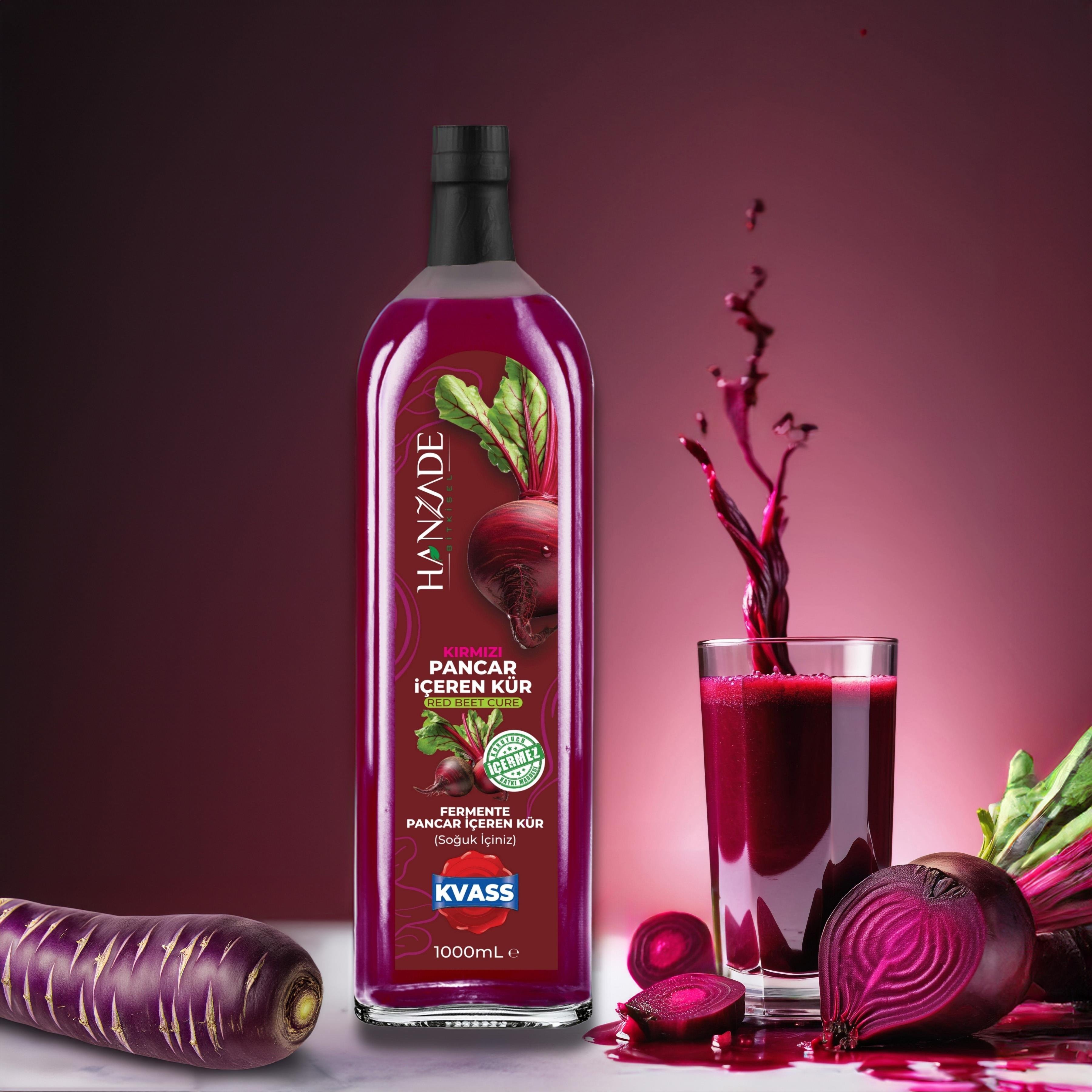 Hanzade Bitkisel Pancar Kvass Fermente Kırmızı Pancar İçeren Kür 1 Litre Cam Şişe