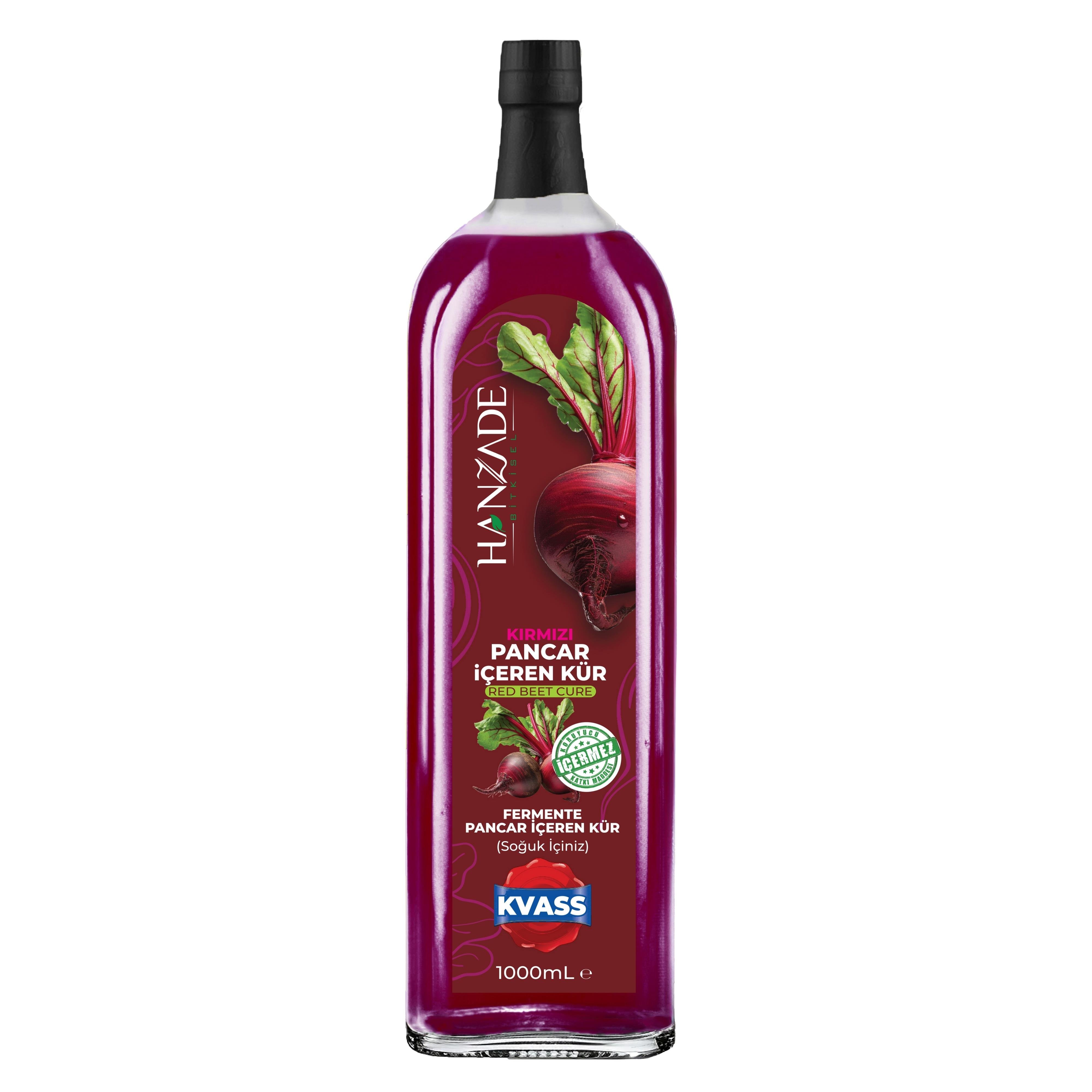 Hanzade Bitkisel Pancar Kvass Fermente Kırmızı Pancar İçeren Kür 1 Litre Cam Şişe