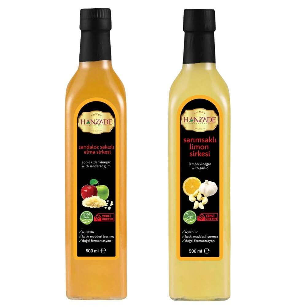 Hanzade Bitkisel Sandaloz Sakızlı Elma + Sarımsaklı Limon Sirkesi 500 Ml 2'li Set Doğal Fermante Içilebilir Katkısız