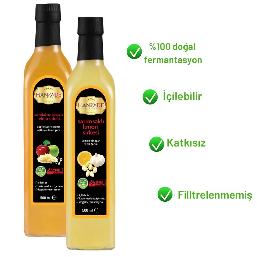 Hanzade Bitkisel Sandaloz Sakızlı Elma + Sarımsaklı Limon Sirkesi 500 Ml 2'li Set Doğal Fermante Içilebilir Katkısız