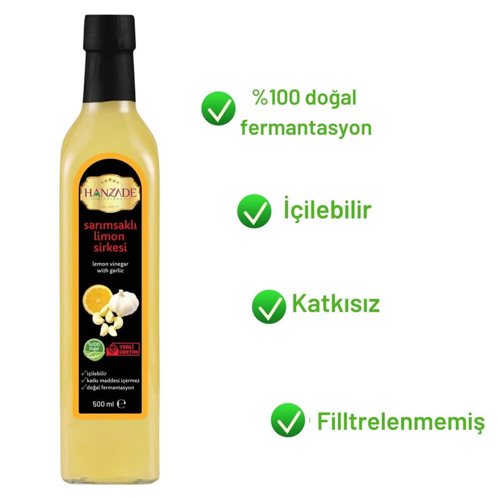 Hanzade Bitkisel Sarımsaklı Limon Sirkesi 500 Ml Doğal Fermantasyon Içilebilir Katkısız Cam Şişe