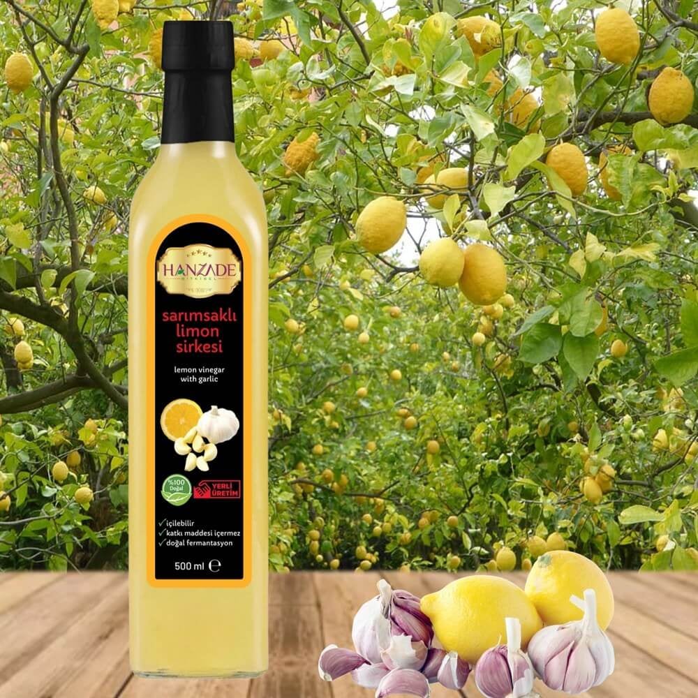 Hanzade Bitkisel Sarımsaklı Limon Sirkesi 500 Ml Doğal Fermantasyon Içilebilir Katkısız Cam Şişe