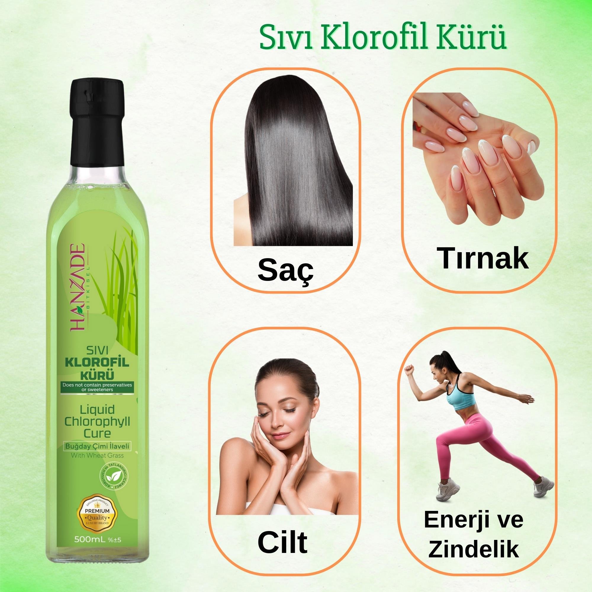 Hanzade Bitkisel Sıvı Klorofil Kürü Buğday Çimi İlaveli Bitki Ekstraktları 500 ML Cam Şişe