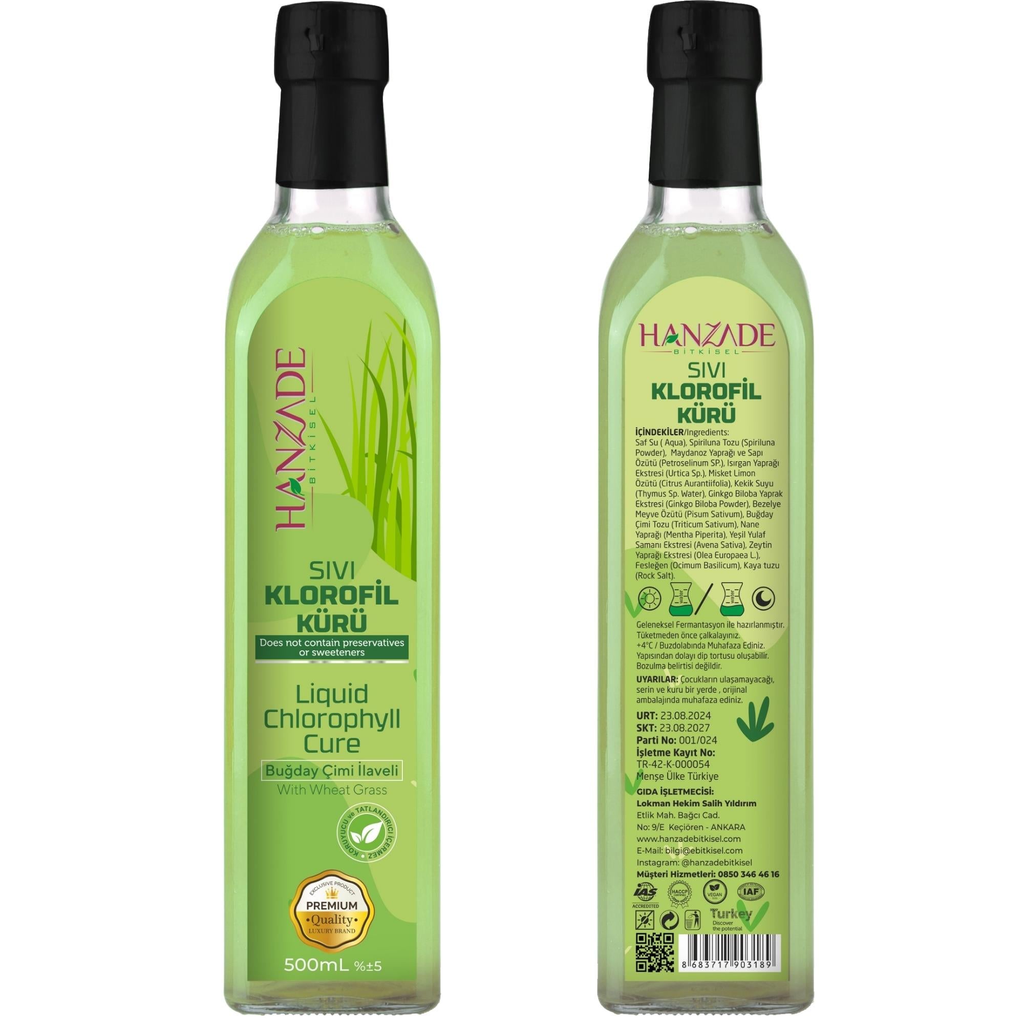 Hanzade Bitkisel Sıvı Klorofil Kürü Buğday Çimi İlaveli Bitki Ekstraktları 500 ML Cam Şişe