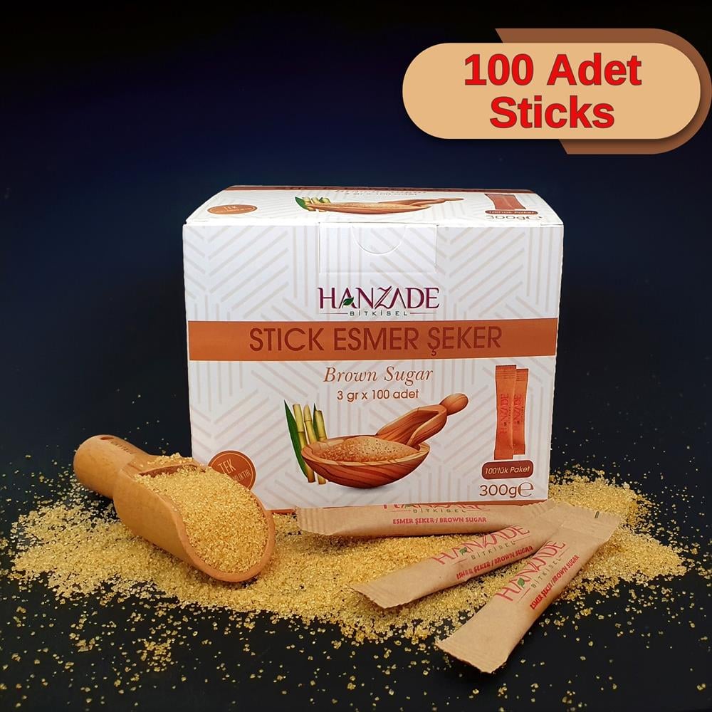 Hanzade Bitkisel  Stick Kahverengi Esmer Şeker 100 Sticks 300 Gr