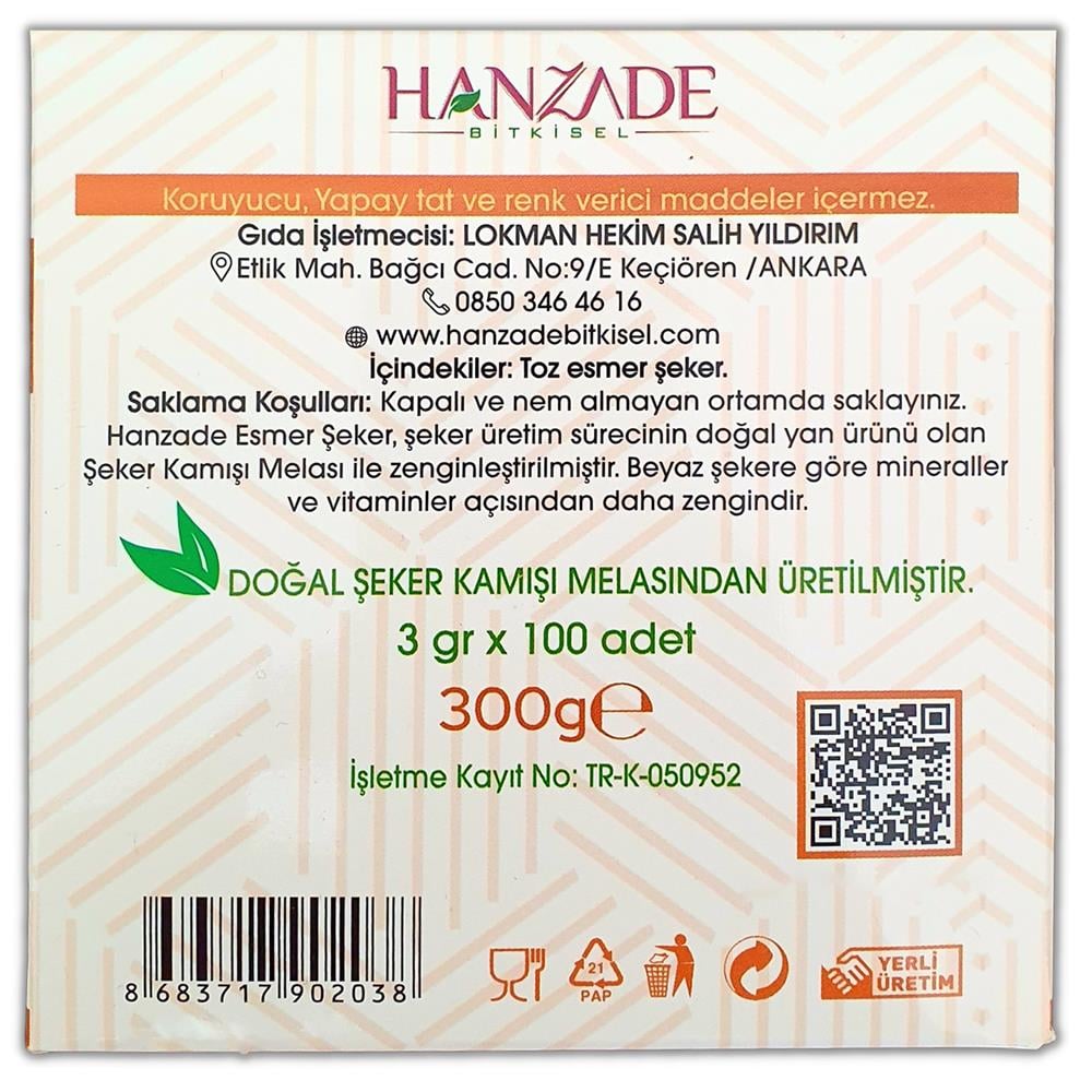Hanzade Bitkisel  Stick Kahverengi Esmer Şeker 100 Sticks 300 Gr