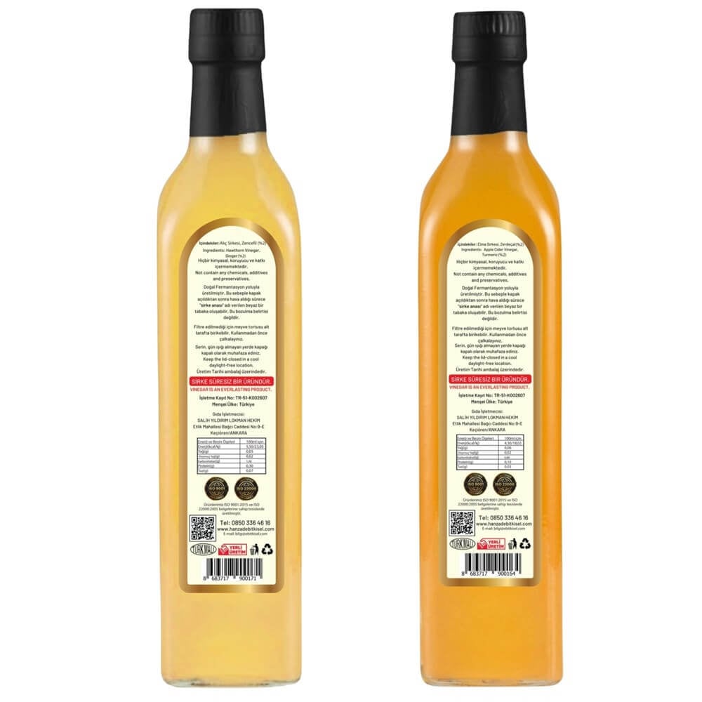 Hanzade Bitkisel Zencefilli Alıç + Zerdeçallı Elma Sirkesi 500 Ml 2li Set Doğal Fermante Içilebilir Katkısız Cam Şişe