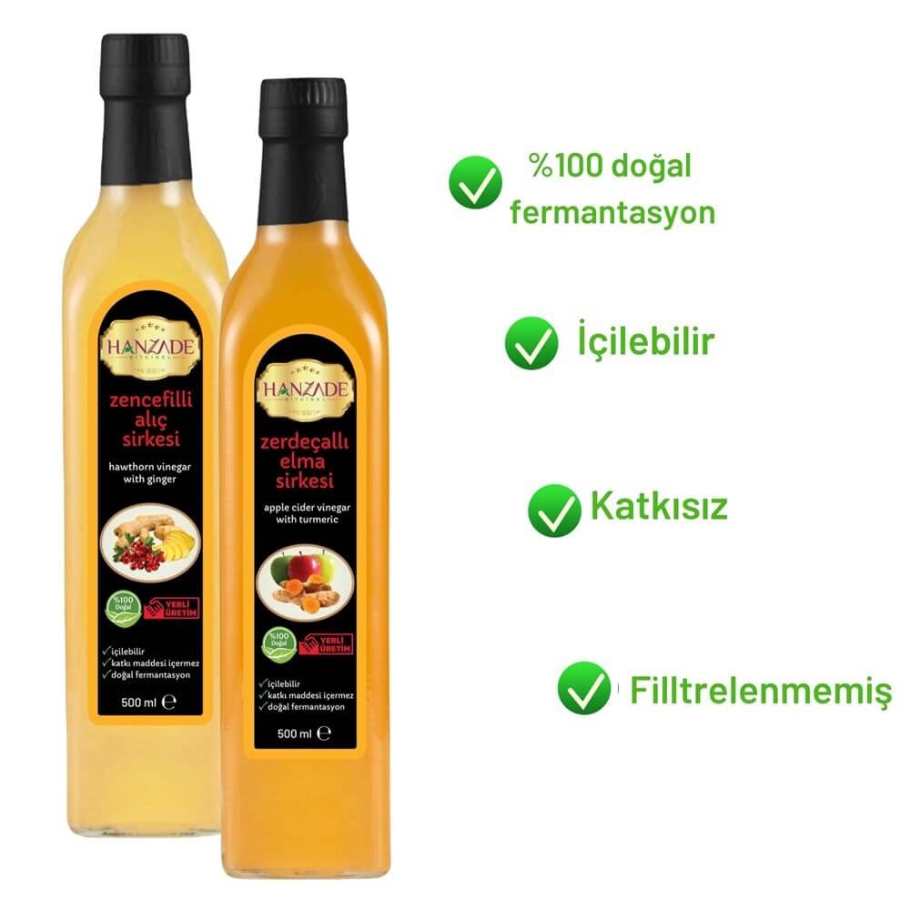 Hanzade Bitkisel Zencefilli Alıç + Zerdeçallı Elma Sirkesi 500 Ml 2li Set Doğal Fermante Içilebilir Katkısız Cam Şişe