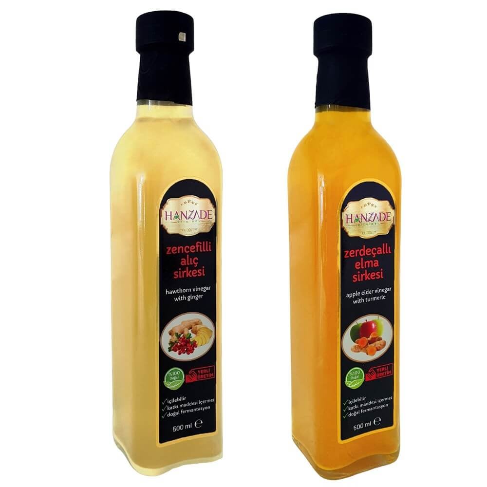 Hanzade Bitkisel Zencefilli Alıç + Zerdeçallı Elma Sirkesi 500 Ml 2li Set Doğal Fermante Içilebilir Katkısız Cam Şişe