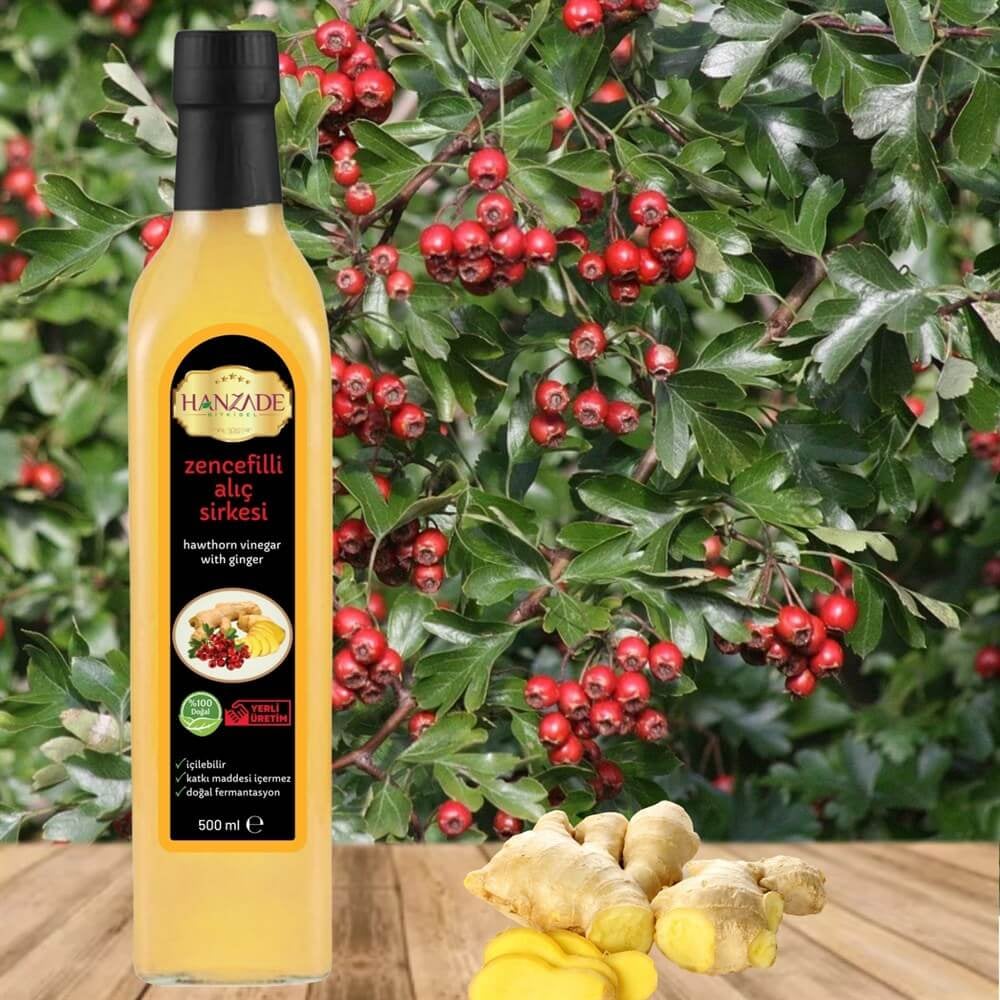 Hanzade Bitkisel Zencefilli Alıç + Zerdeçallı Elma Sirkesi 500 Ml 2li Set Doğal Fermante Içilebilir Katkısız Cam Şişe