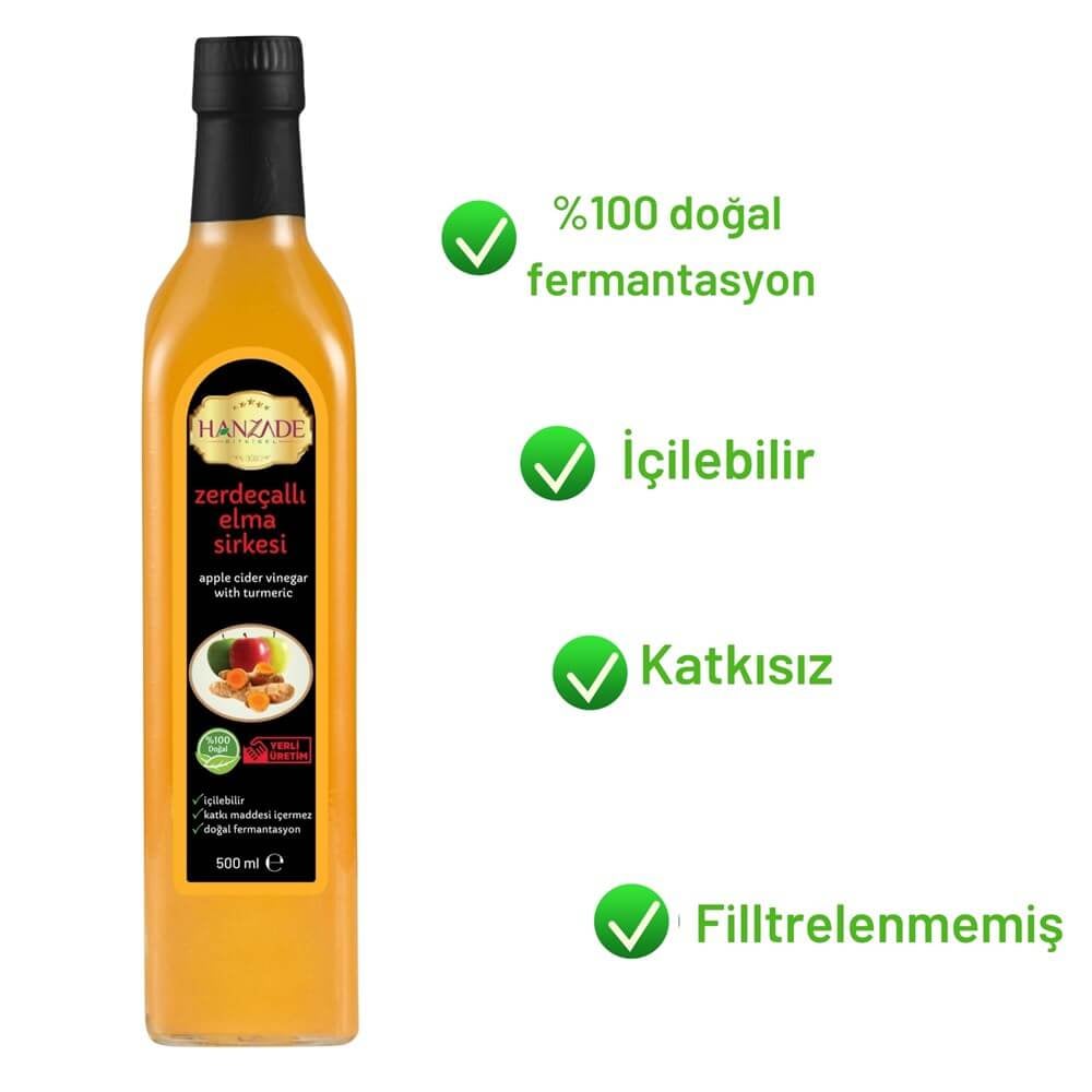 Hanzade Bitkisel Zerdeçallı Elma Sirkesi 500 Ml Doğal Fermantasyon Içilebilir Katkısız Cam Şişe