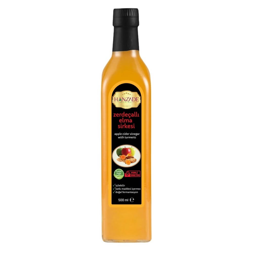Hanzade Bitkisel Zerdeçallı Elma Sirkesi 500 Ml Doğal Fermantasyon Içilebilir Katkısız Cam Şişe