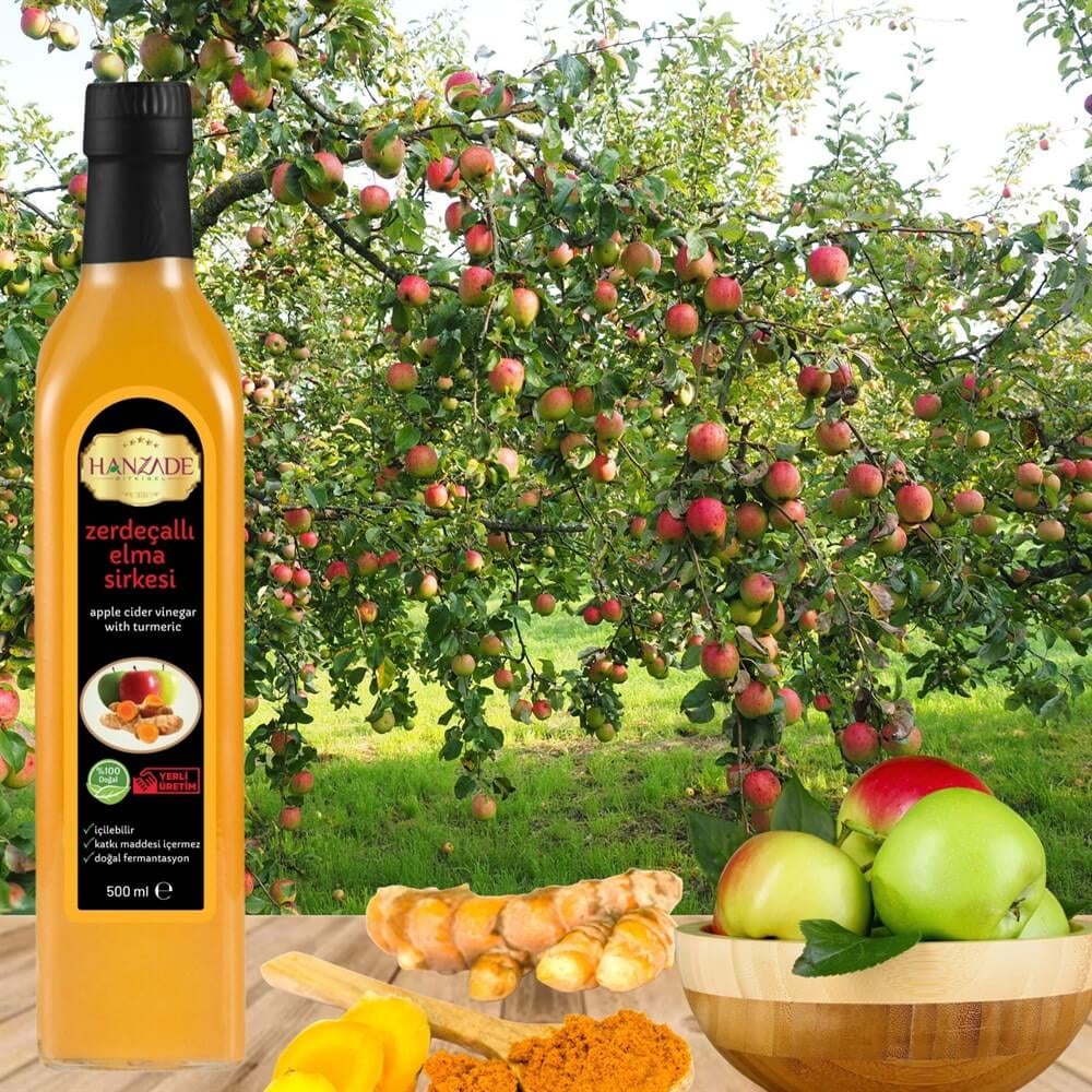 Hanzade Bitkisel Zerdeçallı Elma Sirkesi 500 Ml Doğal Fermantasyon Içilebilir Katkısız Cam Şişe