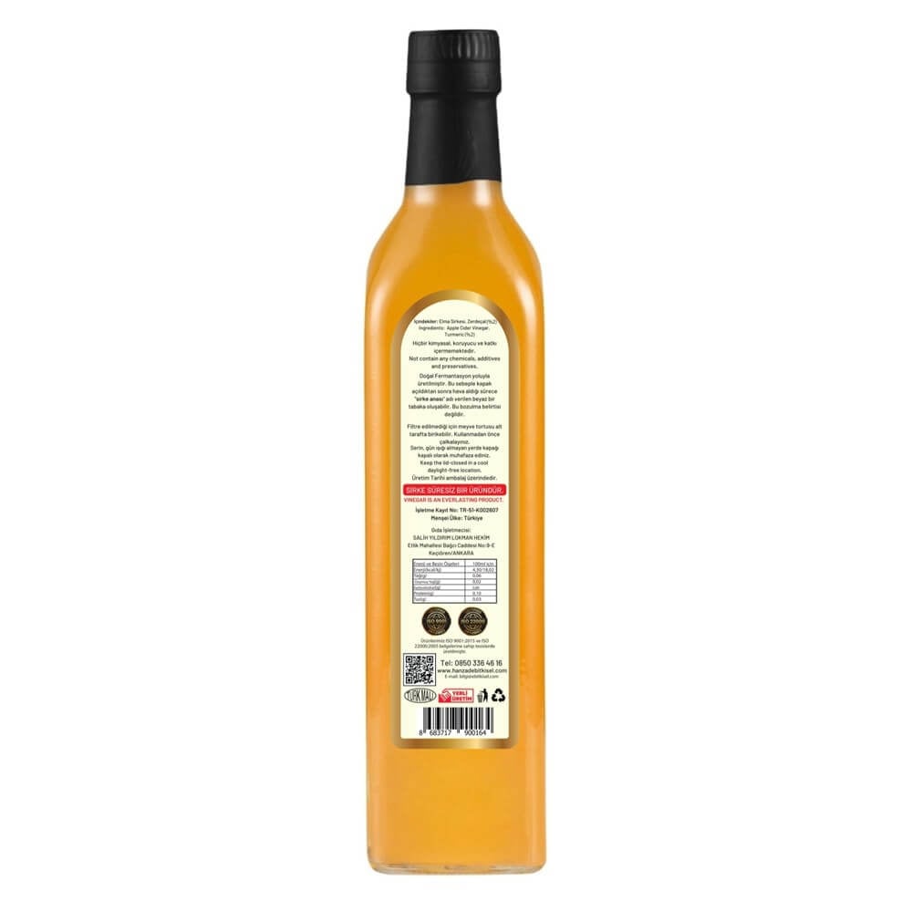 Hanzade Bitkisel Zerdeçallı Elma Sirkesi 500 Ml Doğal Fermantasyon Içilebilir Katkısız Cam Şişe