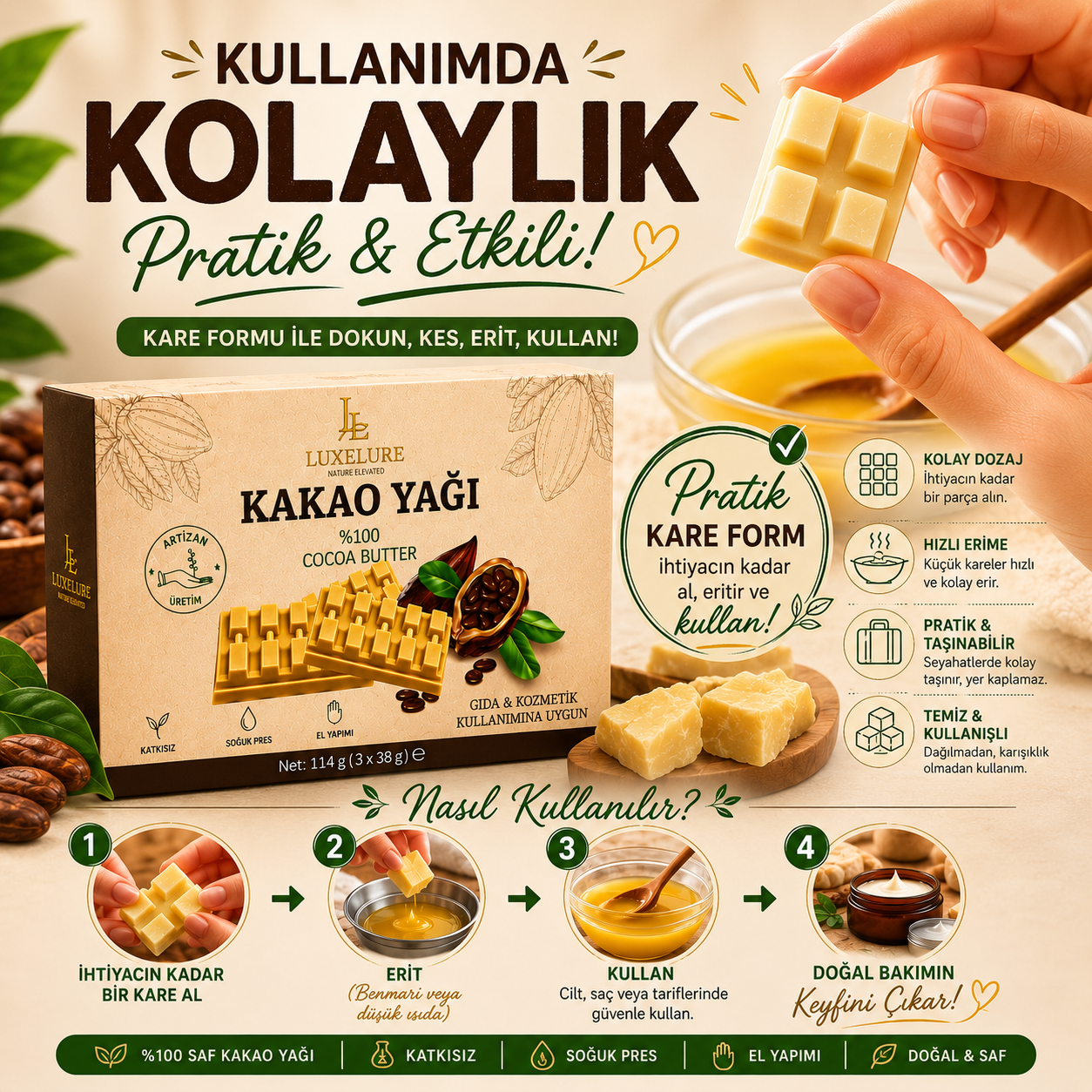 Luxelure Kakao Yağı %100 Saf Soğuk Pres 114 g (3 x 38 g) | Gıda ve Kozmetik Kullanımına Uygun Kare Form