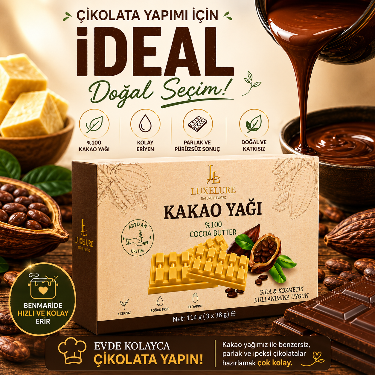 Luxelure Kakao Yağı %100 Saf Soğuk Pres 114 g (3 x 38 g) | Gıda ve Kozmetik Kullanımına Uygun Kare Form