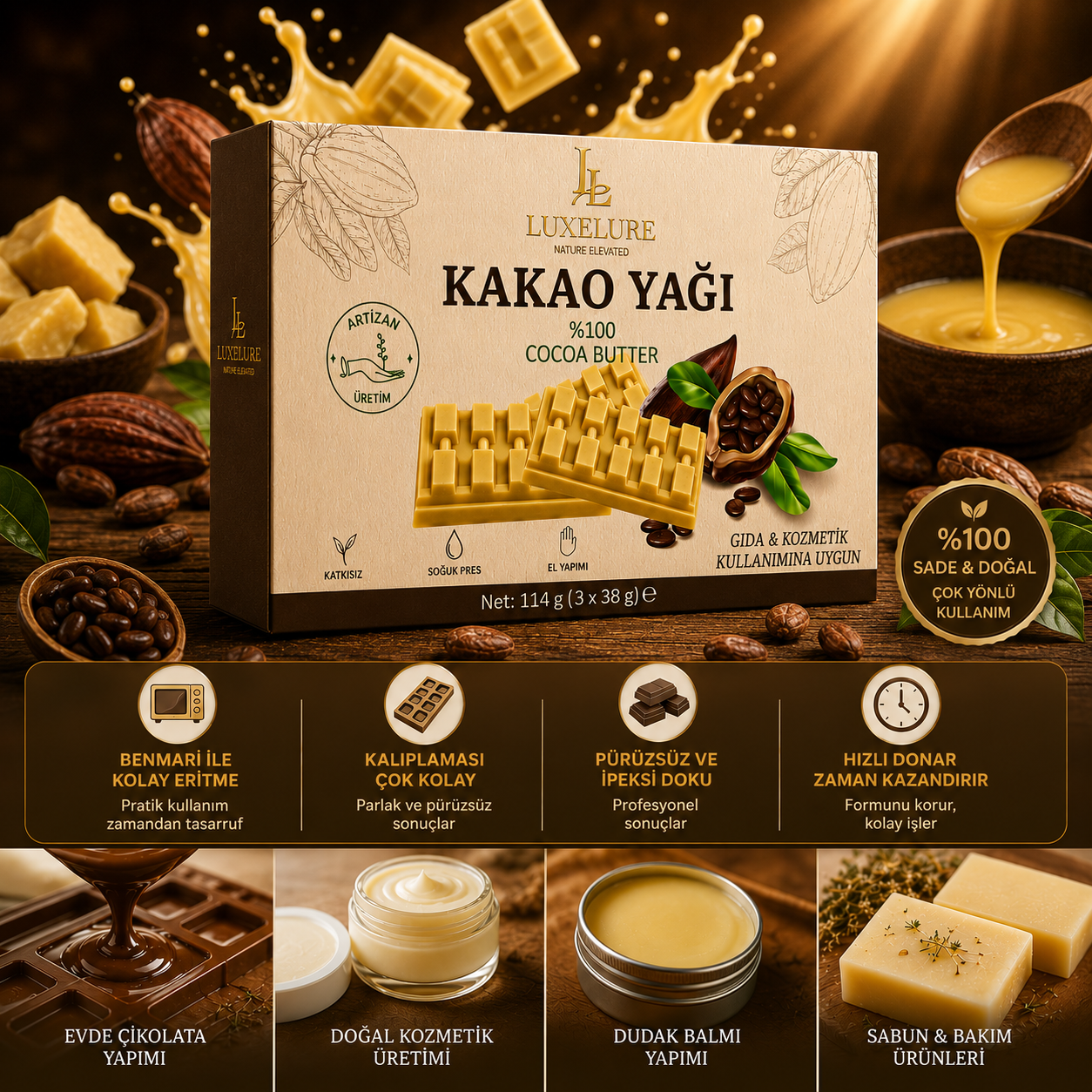 Luxelure Kakao Yağı %100 Saf Soğuk Pres 114 g (3 x 38 g) | Gıda ve Kozmetik Kullanımına Uygun Kare Form