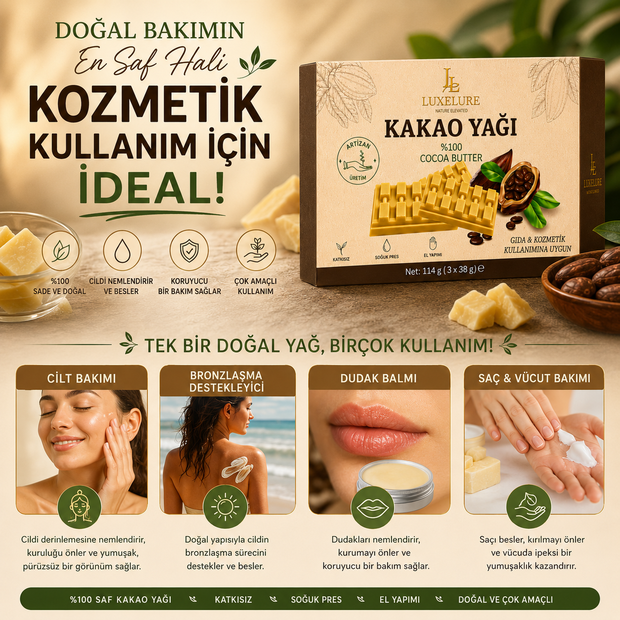 Luxelure Kakao Yağı %100 Saf Soğuk Pres 114 g (3 x 38 g) | Gıda ve Kozmetik Kullanımına Uygun Kare Form