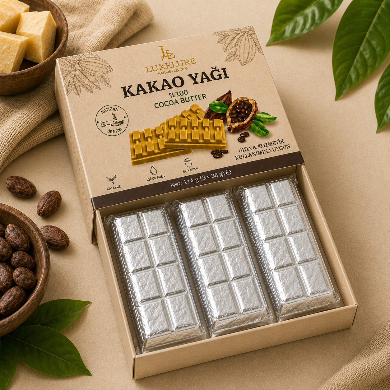 Luxelure Kakao Yağı %100 Saf Soğuk Pres 114 g (3 x 38 g) | Gıda ve Kozmetik Kullanımına Uygun Kare Form