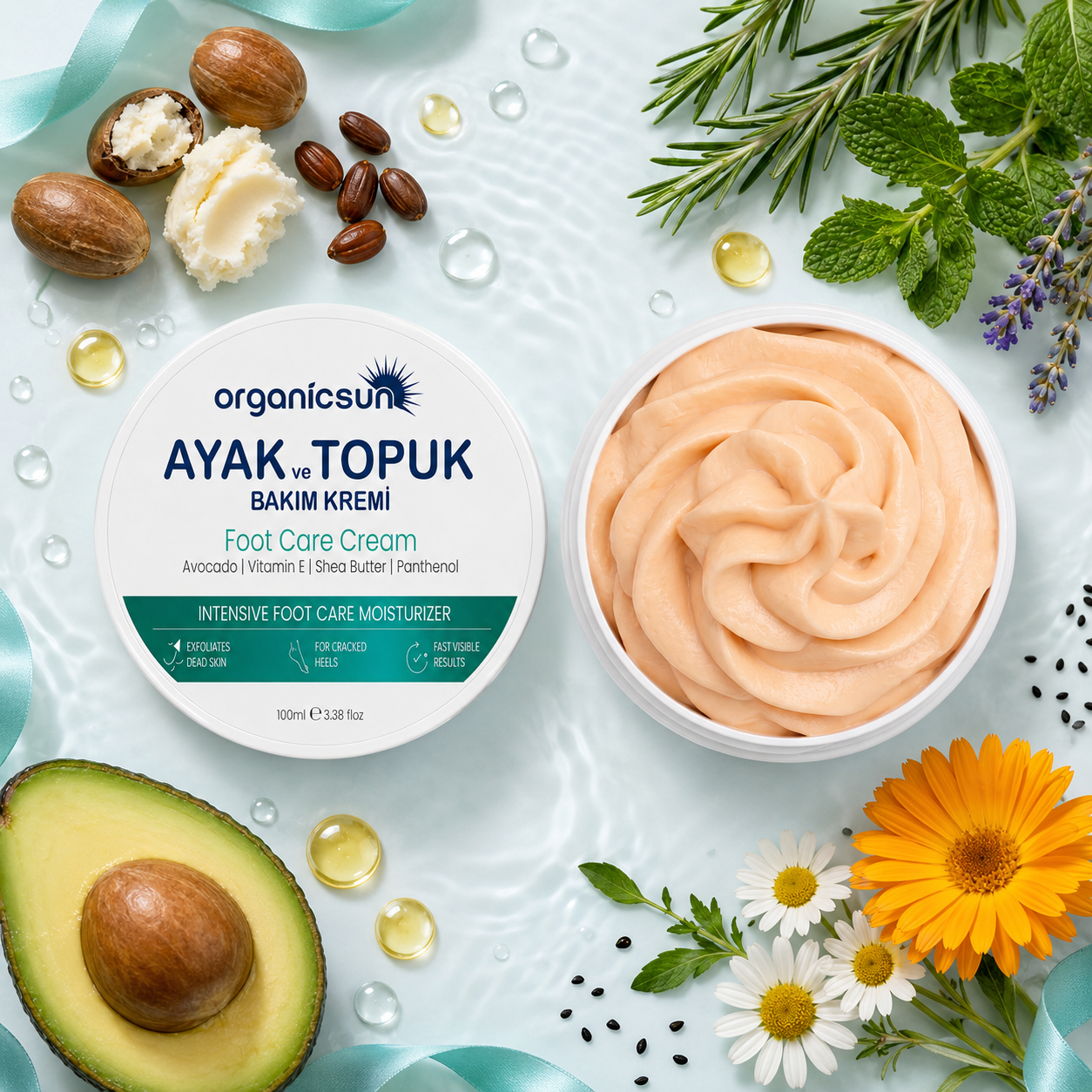 Organicsun Ayak ve Topuk Çatlak Bakım Kremi 100ml - Ayak Kokusu, Tırnak Bakımı Avokado ve Shea Yağlı Yoğun Nemlendirici